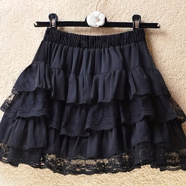 TEMU Women's Summer Contrast Lace A-line Skirt - High-waisted Flared Short Skirt With Tiered Ruffles, Petite-, Solid Black & Breathable Fabric For