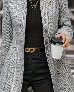 TEMU Women's Tweed Coat - H-silhouette Regular Fit Mid-length Casual Winter Coat, Solid Color Long Sleeve Open Front With Button Closure, Hand Wash/,