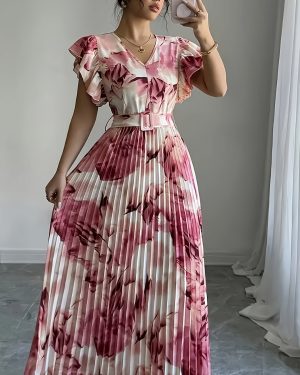 TEMU Women's V-neck Sleeve A-line Dress With Floral Print & Elastic Waist Belt - Long Formal/party Dress For Spring/summer, Machine Washable, Spring