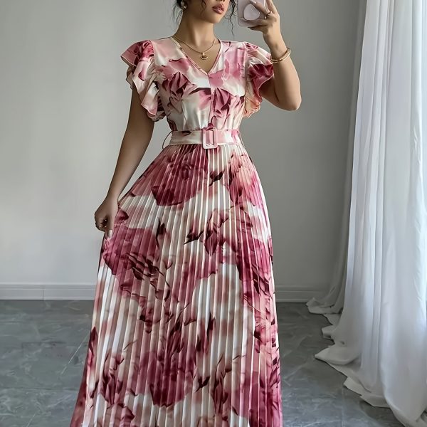 TEMU Women's V-neck Sleeve A-line Dress With Floral Print & Elastic Waist Belt - Long Formal/party Dress For Spring/summer, Machine Washable, Spring