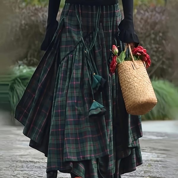 TEMU Women's Vintage Asymmetrical Tiered Maxi Skirt - Double-sided Pattern, Loose A-line Silhouette, Polyester Long Flowy Skirt For Spring & Fall,