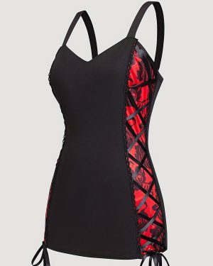 TEMU Women's Vintage-inspired Black Corset Top With Red Floral Print, Lace-up Detail & Adjustable Straps - Sleeveless Summer Blouse For Casual Wear,