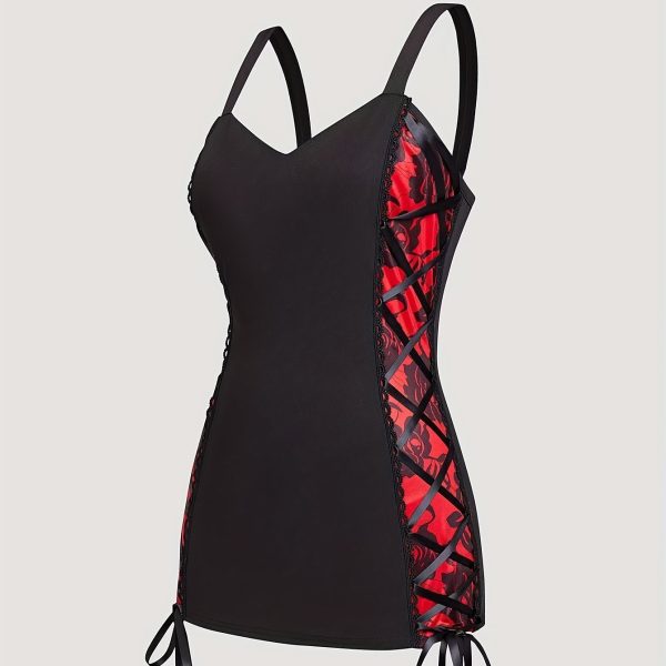 TEMU Women's Vintage-inspired Black Corset Top With Red Floral Print, Lace-up Detail & Adjustable Straps - Sleeveless Summer Blouse For Casual Wear,