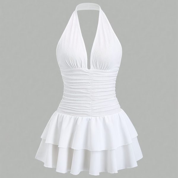 TEMU & Backless V-neck Mini Dress With Ruched Waist & Flared Skirt - Form-fitting Top & Flowy Hem, Machine Washable, Party Or Casual Outfit, Evening
