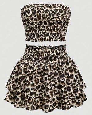 TEMU /summer Bk040334 Sexy Desire Simple Leopard Print Bodycon Tiered Cake Skirt Midi Dress