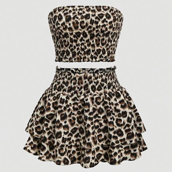 TEMU /summer Bk040334 Sexy Desire Simple Leopard Print Bodycon Tiered Cake Skirt Midi Dress