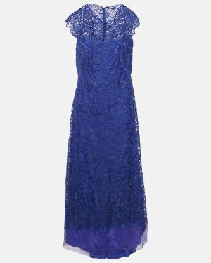 Tadashi Shoji Blue Floral Lace Cap Sleeve Milien Gown L