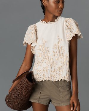 The Lainie High-Neck Linen Cutwork Blouse