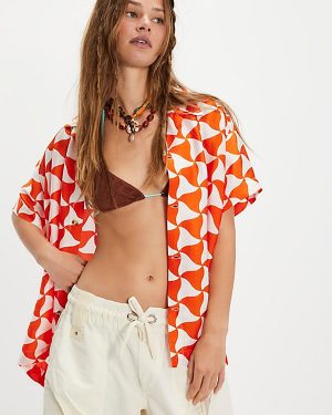 The Tales Cabana Satin Camp Shirt at Free People in White/Red, Size: XS