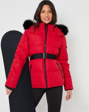 Threadbare Women's Red Belted Padded Ski Jacket