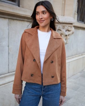 Threadbare Women's Tan Brown Suedette Cropped Trench Coat