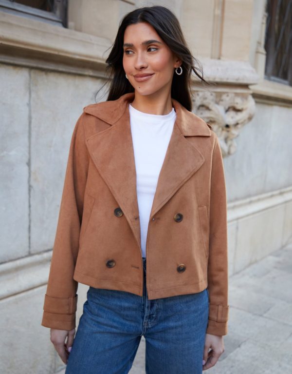 Threadbare Women's Tan Brown Suedette Cropped Trench Coat