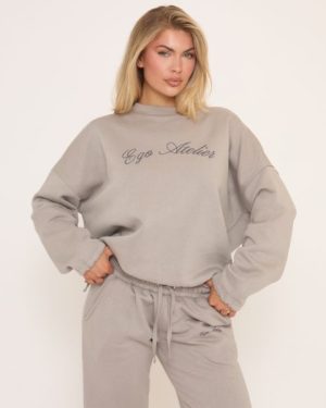Tie Cuff Ego Atelier Graphic Oversized Sweatshirt In Grey, Women's Size UK 6