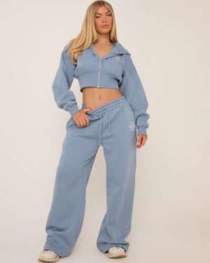 Tie Waist Swirl Graphic Detail Straight Leg Joggers In Blue, Women's Size UK 6