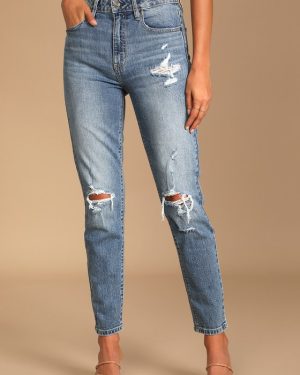 Tobi Medium Wash High-Rise Distressed Denim Mom Jeans