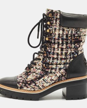 Tory Burch Multicolor Tweed and Leather Miller Lug Sole Combat Boots Size 39