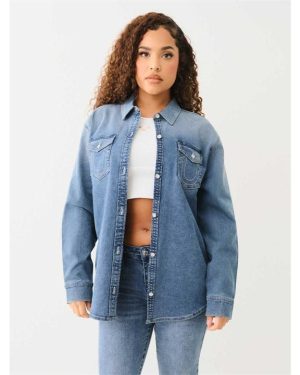 True Religion Long Sleeve Denim Shirt Womens - Blue