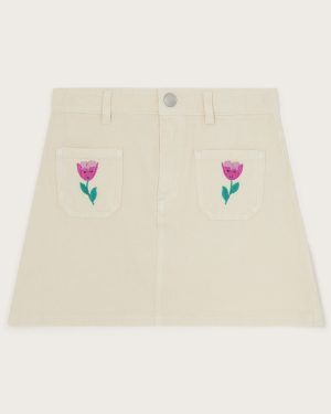 Tulip Embroidered Denim Skirt Cream