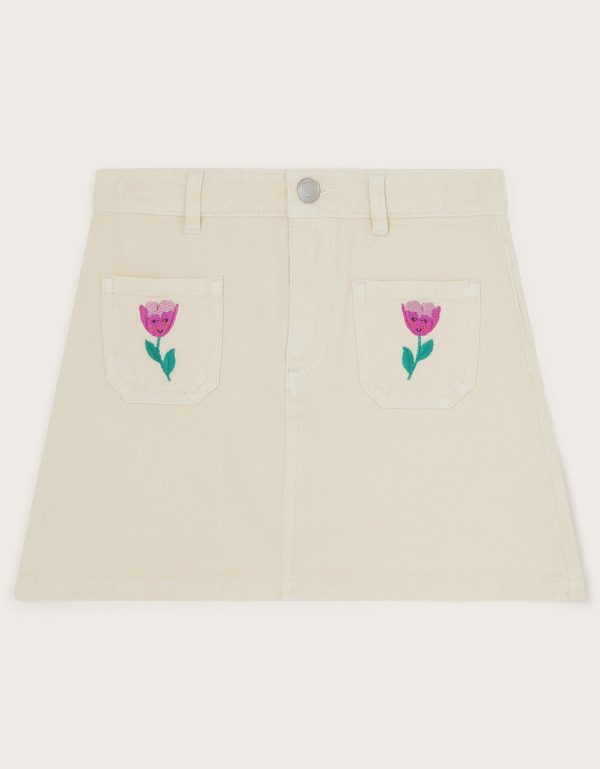 Tulip Embroidered Denim Skirt Cream