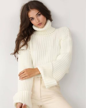 Turtleneck Pullover Sweater Oversized Cuff Spring Casual Knit Tops For Women 2025