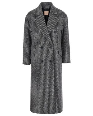 TwinSet Grey Double-breasted Coat With With Fishbone Motif In Wool Blend Woman