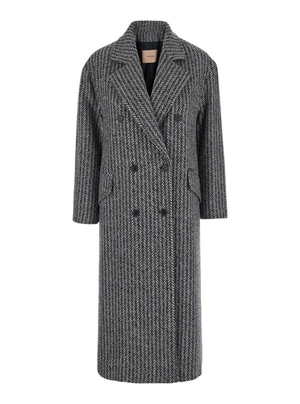 TwinSet Grey Double-breasted Coat With With Fishbone Motif In Wool Blend Woman