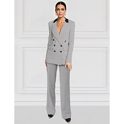Two Piece Jumpsuit / Pantsuit Pantsuit Houndstooth Plaid Mother of the Bride Blazer Suit Tuxedo Elegant Vintage Simple Satin Peak Lapel Floor Length Pants Stretch Fabric Long Sleeve with Color Block