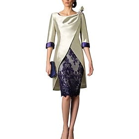 Two Piece Sheath Mother of the Bride Dress Wedding Guest Church Vintage Plus Size V Neck Knee Length Satin Lace Jacket Dresses with Color Block Derby Dress Rac
