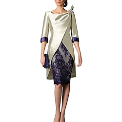 Two Piece Sheath Mother of the Bride Dress Wedding Guest Church Vintage Plus Size V Neck Knee Length Satin Lace Jacket Dresses with Color Block Race Day Dress