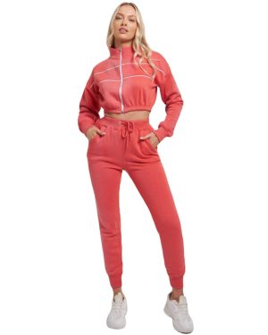 (UK 10, Coral) Ladies Tracksuit 2 Pcs Zipped Cropped Top & Bottom