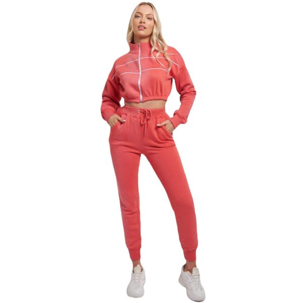 (UK 10, Coral) Ladies Tracksuit 2 Pcs Zipped Cropped Top & Bottom