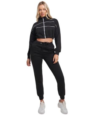 (UK 6, Black) Ladies Tracksuit 2 Pcs Zipped Cropped Top & Bottom