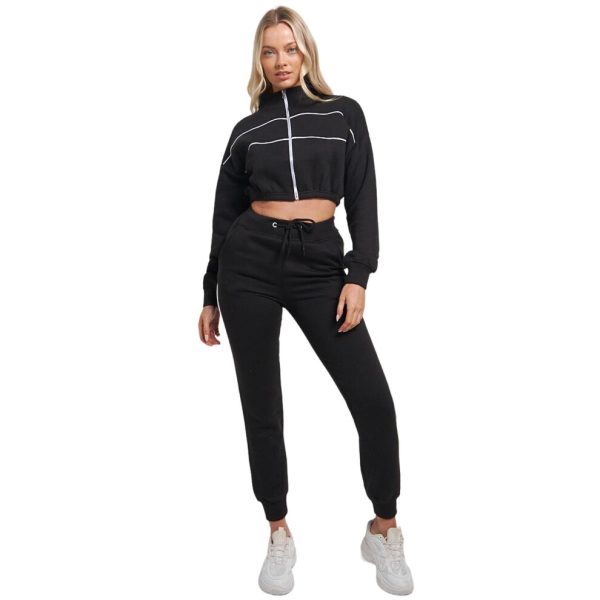 (UK 6, Black) Ladies Tracksuit 2 Pcs Zipped Cropped Top & Bottom