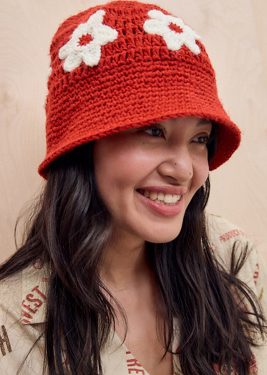 UO Flower Knit Bucket Hat - Red at Urban Outfitters