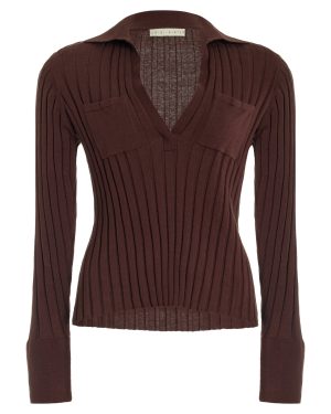 USISI SISTER - Hannah Velvet-Detailed Ribbed-Knit Cotton Top - Brown - L - Moda Operandi