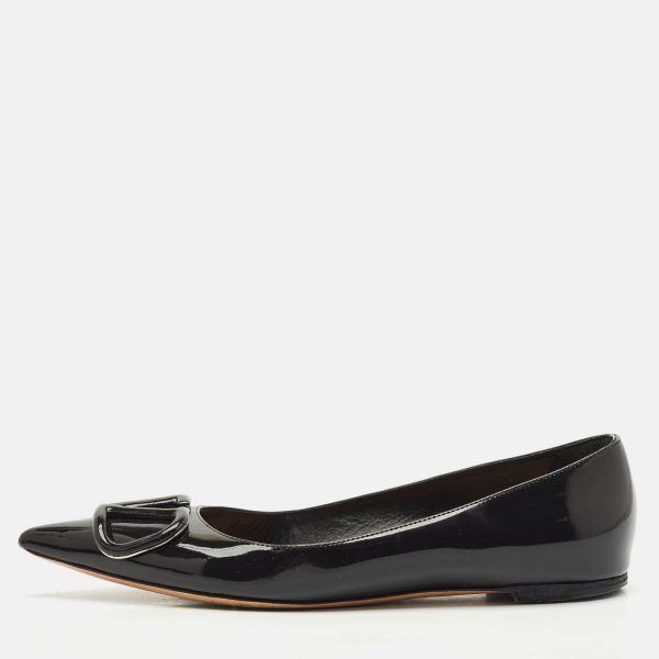 Valentino Black Leather VLogo Pointed Toe Ballet Flats Size 37.5
