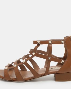 Valentino Brown Leather Rockstud Gladiator Flat Sandals Size 36