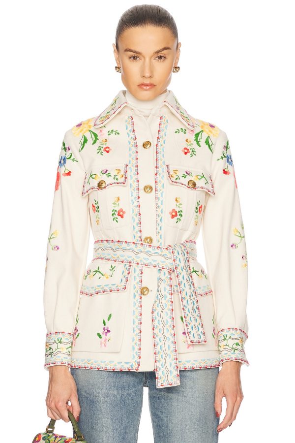 Valentino Embroidered Denim Jacket in Ecru - Cream. Size 36 (also in ).