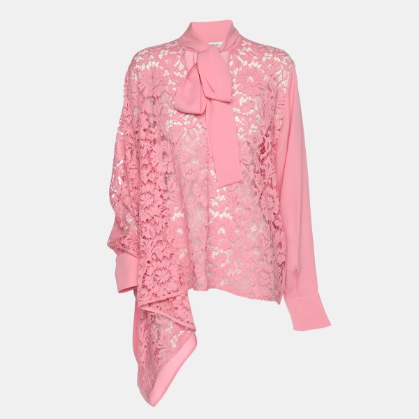 Valentino Pink Silk Lace Neck Tie Blouse S