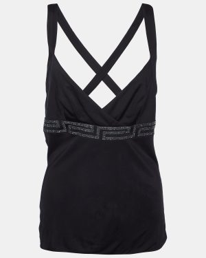 Versace Black Jersey Crystal Greca Embellished Tank Top M