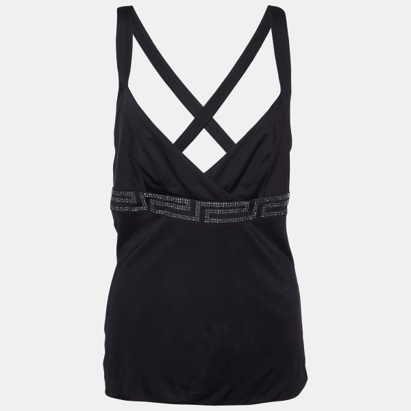 Versace Black Jersey Crystal Greca Embellished Tank Top M