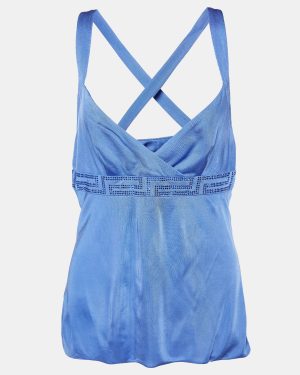 Versace Blue Jersey Crystal Greca Embellished Tank Top M