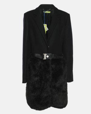 Versace Jeans Black Wool Blend and Faux Fur Belted Blazer L