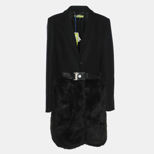 Versace Jeans Black Wool Blend and Faux Fur Belted Blazer L