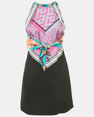 Versace Pink/Black Silk and Crepe Mixed Media Halter Neck Mini Dress S