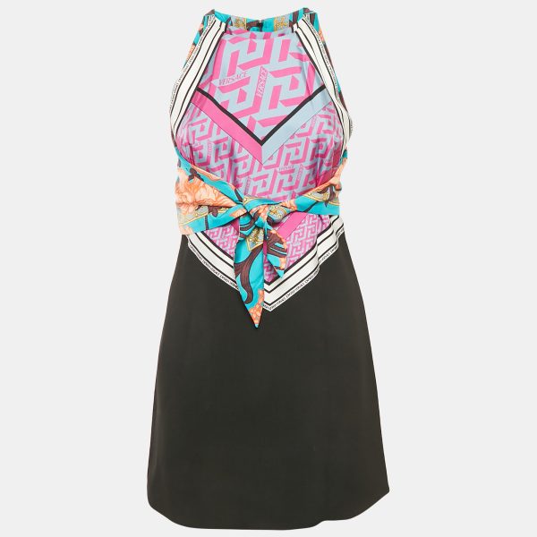 Versace Pink/Black Silk and Crepe Mixed Media Halter Neck Mini Dress S