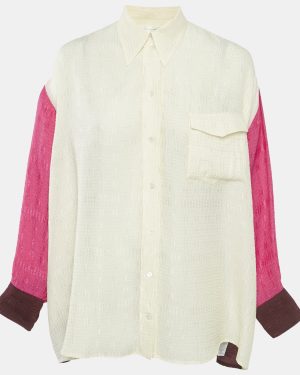 Victoria Beckham Multicolor/Cream Textured Crepe Oversized Shirt XS