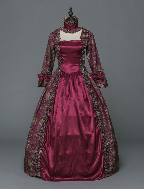 Victorian Retro Tudor Dress Costume Women's Baroque Masquerade Ball Gowns Burgundy Floral Long Sleeves with Choker Victorian Era Clothing with hat Retro Tudor Dress Costumes Halloween
