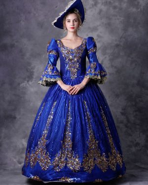 Victorian Retro Tudor Dress Costume Women's Royal Blue Half Sleeves Baroque Masquerade Ball Gowns with hat Royal Victorian Era Clothing Retro Costume Halloween