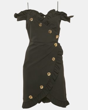 Violante Nessi Black Crepe Ruffled Wrap Style Mini Dress S